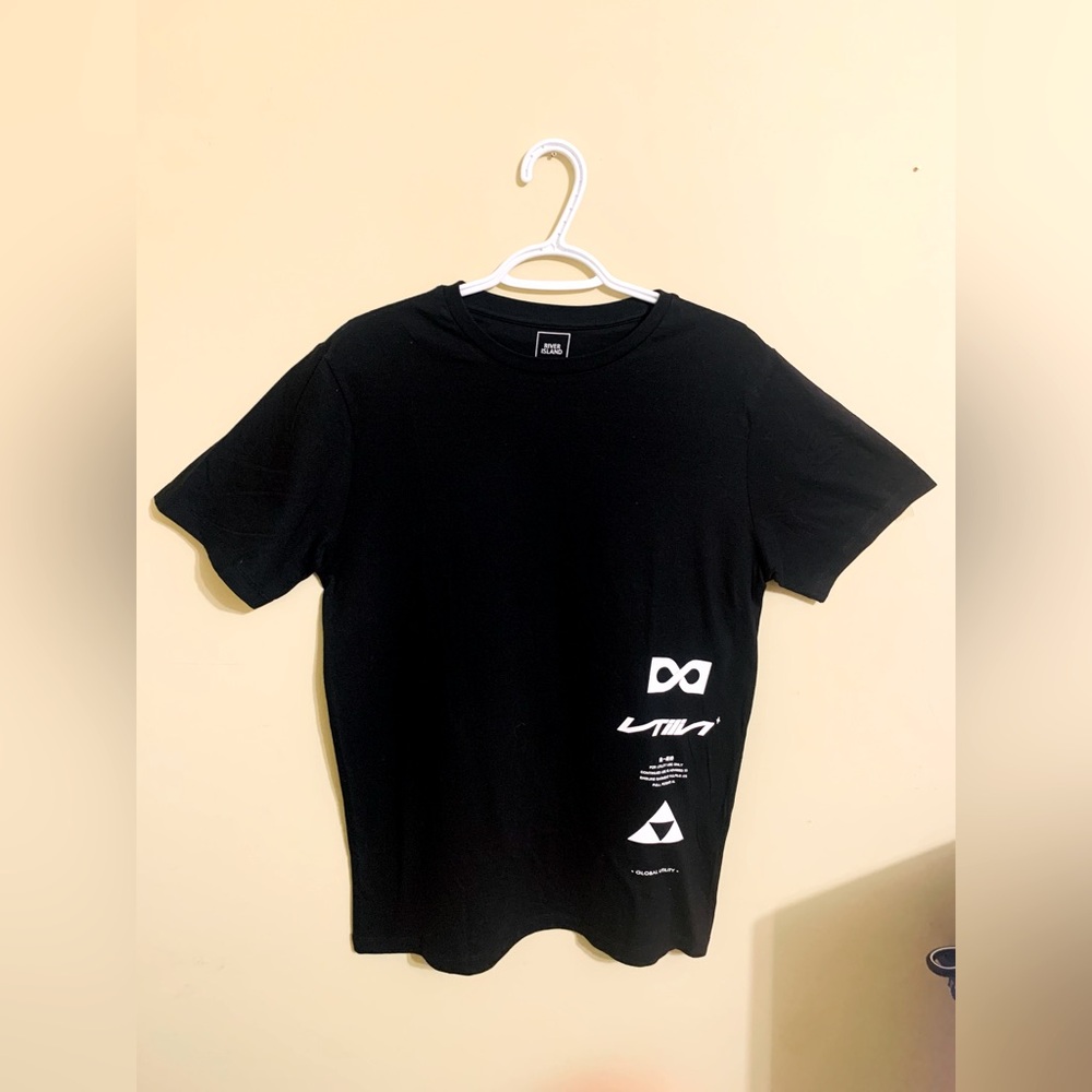 River Island Mens Black Utility Graphic Print Short Sleeve Cotton T-Shirt